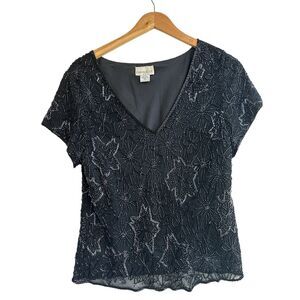 Paradise NY Vintage Silk Top Black XL Beaded Formal‎ Wear Cocktail Party Goth